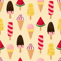 Ice cream seamless pattern. Popsicles and waffle cones with ice cream. Background for poster, print, cards, wrapping paper, clothes decoration and ice cream shop