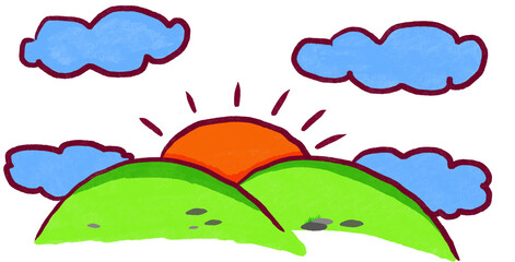 children's coloring pictures Sunrise scenery between the mountains