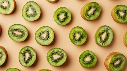 Fototapeta premium Fresh kiwi slices on a peach background, top view. Healthy fruit and nutrition concept