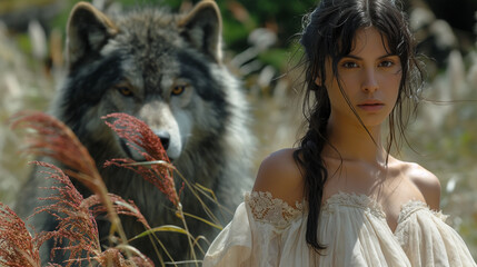 Collage of female legs, lacy white dress against the background of a black wolf in the jungle