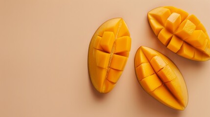 Fototapeta premium Sliced mango halves on beige background, fresh and ripe tropical fruit concept