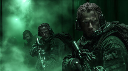 In the labyrinth of a secret terrorist base, a special operations force unit advances with gunfire. An eerie green light, the tense faces of the soldiers