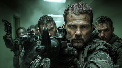 In the labyrinth of a secret terrorist base, a special operations force unit advances with gunfire. An eerie green light, the tense faces of the soldiers
