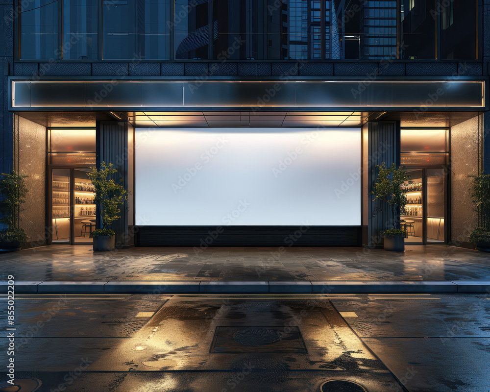 Aufkleber urban nightscape showcasing modern architecture with illuminated facade and empty storefront in rain