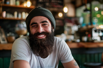 Obraz premium Bearded man sitting in a cozy cafe, smiling at the camera