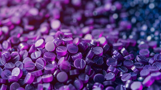 polymer masterbatch granules isolated on a purple texture background for banner design for product profile photos in industrial plastic company catalogues