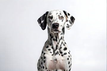 studio headshot portrait of Dalmatian dog looking forward against a white background
