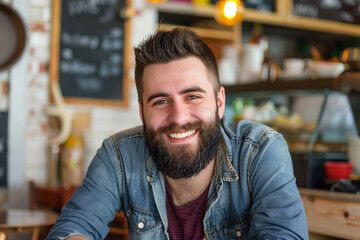 Obraz premium Bearded man sitting in a cozy cafe, smiling at the camera