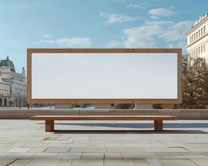 Massive outdoor horizontal wooden frame blank advertising billboard over urban cityscape...