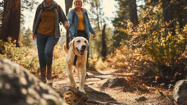 Active senior couple taking their energetic Labrador for an adventurous hike through forest trails.
