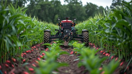 Automated Crop Monitoring:  a field with automated monitoring systems tracking growth and detecting pests, demonstrating advanced surveillance in agriculture.