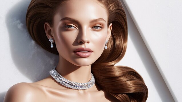 portrait of a beautiful woman wearing diamond neckless and ear ring