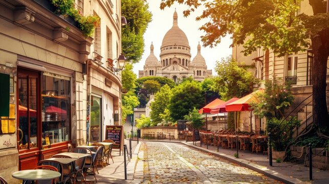 The romantic streets of Montmartre in Paris, showcasing quaint cafes, cobblestone paths, and the iconic Sacrur Basilica.