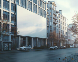 Urban Street Scene with Large Empty Billboard on Building Facade, City Architecture Background, Overcast Sky, Empty Road, Urban Living