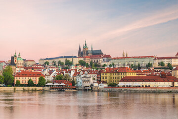Prague Castle with Vltava river at sunrise, Prague, Czech Republic, Europe.