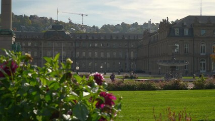 sunny day stuttgart city center famous park monument blooming garden slow motion walking panorama 4k germany  
