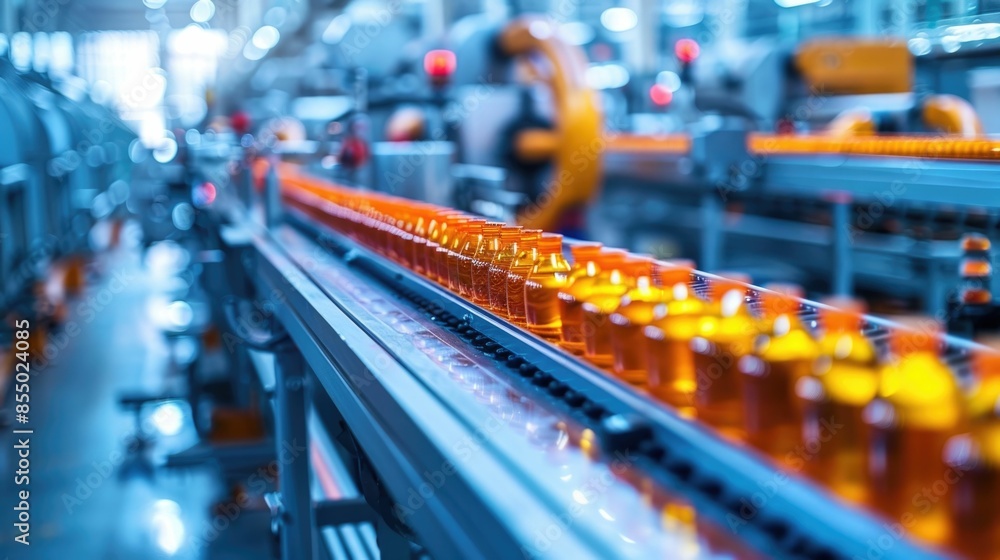 Poster automated mass production line with conveyor belt transporting products through industrial machinery
