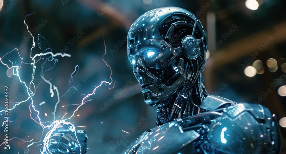 Aufkleber futuristic android robot with glowing lights in dark background
