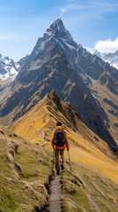 Obraz premium A man is walking up a mountain with a backpack