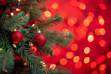 Christmas tree decorated with colorful and glittering bulbs decorations on the branches, close up detail, red vibrant background.