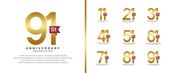 anniversary logo set. vector design gold color with red ribbon can be use for celebration event