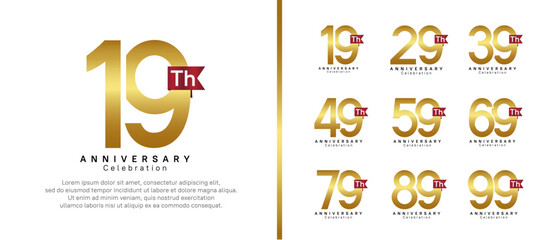 anniversary logo set. vector design gold color with red ribbon can be use for celebration event