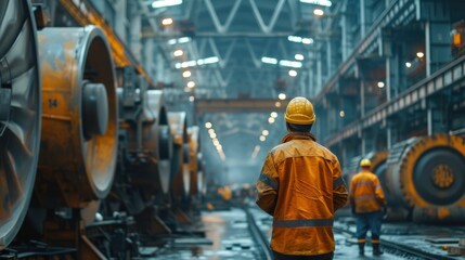 Fototapeta premium Heavy industrial workshop scene with large scale machinery equipment and workers in protective gear such as hard hats overalls