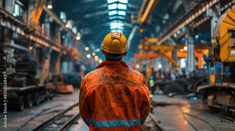 Poster photograph showcasing the inner workings of a heavy industry workshop featuring a vast array of larg