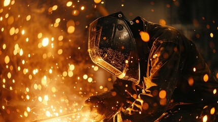 Skilled welder wearing full protective gear working on metal structures with bright sparks flames and intense heat from the industrial welding process