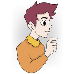 boy has an angry face with his hands pointing