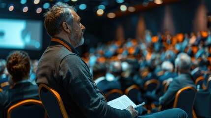 Obraz premium A keynote speaker standing on a stage addressing a large audience gathered for an industry conference or corporate event The speaker is delivering a presentation or lecture to the assembled crowd