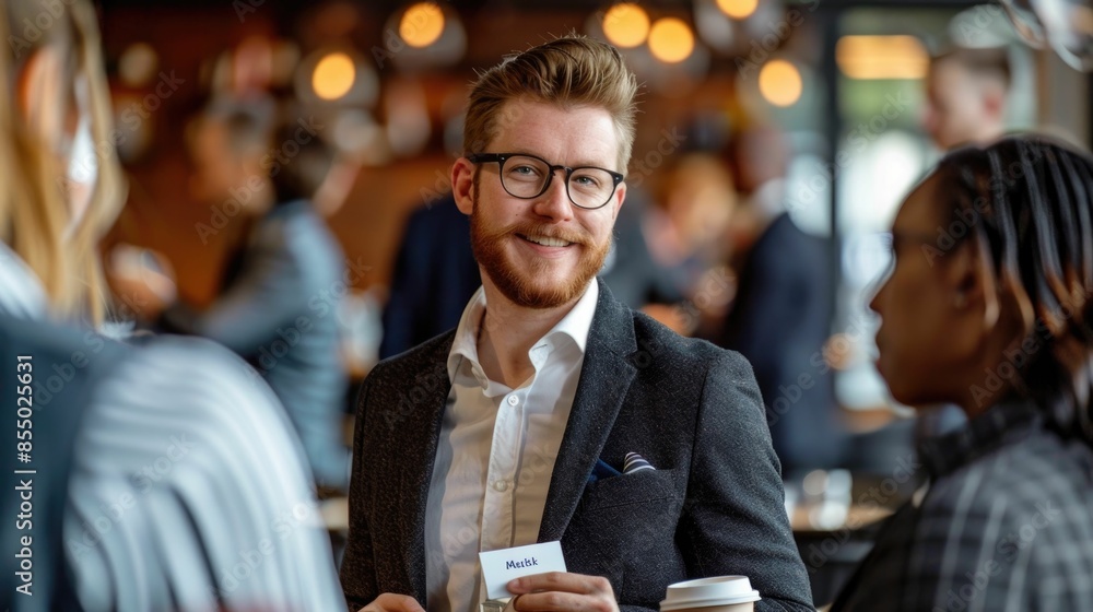 Poster portrait of a smiling well dressed businessman networking with colleagues and exchanging business ca