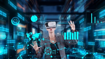 Businesswoman user making zoom with big data dynamic market graph monitor VR future global innovation interface digital infographic network technology thinking visual hologram animation. Contraption.