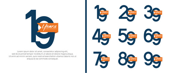 anniversary logotype set. vector design blue color with orange ribbon can be use for celebration event