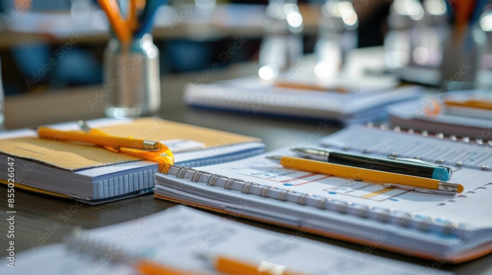 Poster neatly arranged seminar materials including notebooks pens and handouts on a wooden office desk or t