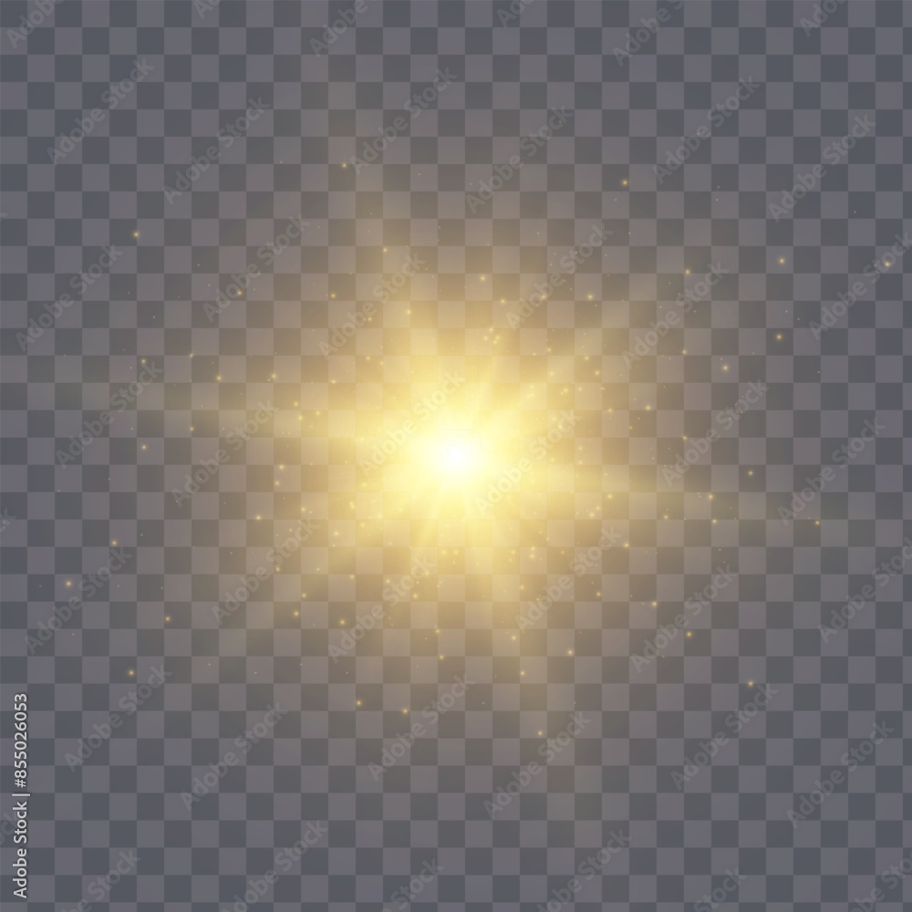 Poster Abstract golden light effect with glare and particle explosion effect on a black background. Vector 10 EPS
