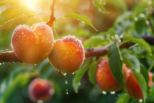 Fresh juicy wet rainy refreshing ripe peaches growing on tree branches ready for harvest, agriculture and gardening nature concept background.