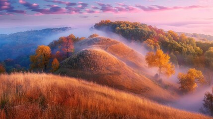 Tall hill featuring vibrant trees and golden grass overlooking fog filled ravine under autumnal pink and blue sky