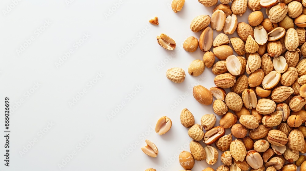 Aufkleber shelled peanuts on white background with space for text top view pattern