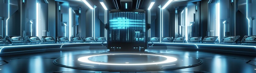 Obraz premium 3D visualization of a futuristic sound engineering studio with advanced holographic displays and sleek, modern design, showcasing the future of audio technology