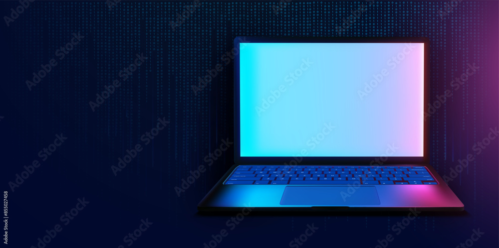 Poster a sleek laptop with a gradient screen, illuminated in blue and pink hues, set against a dark backgro