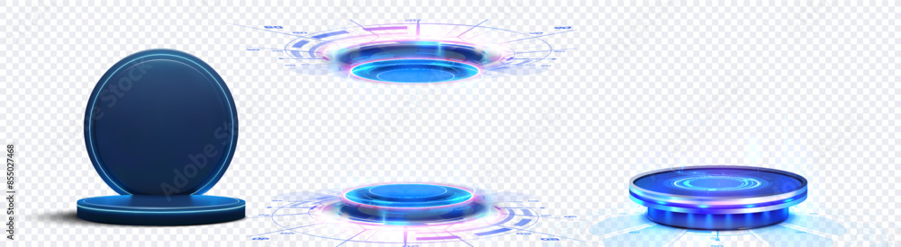 Aufkleber A set of futuristic HUD interface elements with a glowing blue design on a transparent background. These high-tech graphics are perfect for digital presentations. Blue glowing neon game portal.