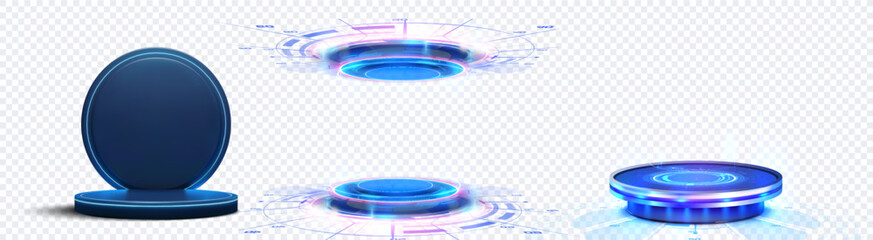A set of futuristic HUD interface elements with a glowing blue design on a transparent background. These high-tech graphics are perfect for digital presentations. Blue glowing neon game portal.