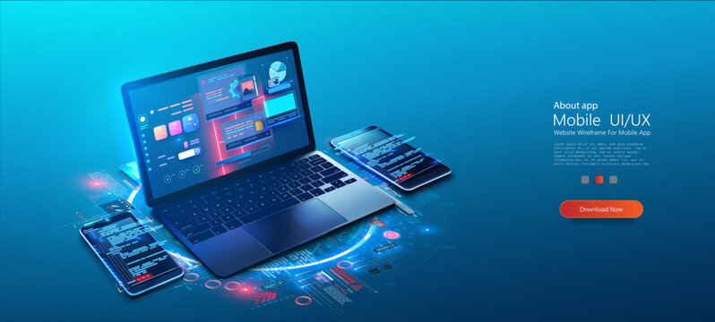High-tech digital interface displayed on laptop, two smartphones, showcasing futuristic design elements advanced user interfaces in a blue-themed environment. Web development, coding and programming.