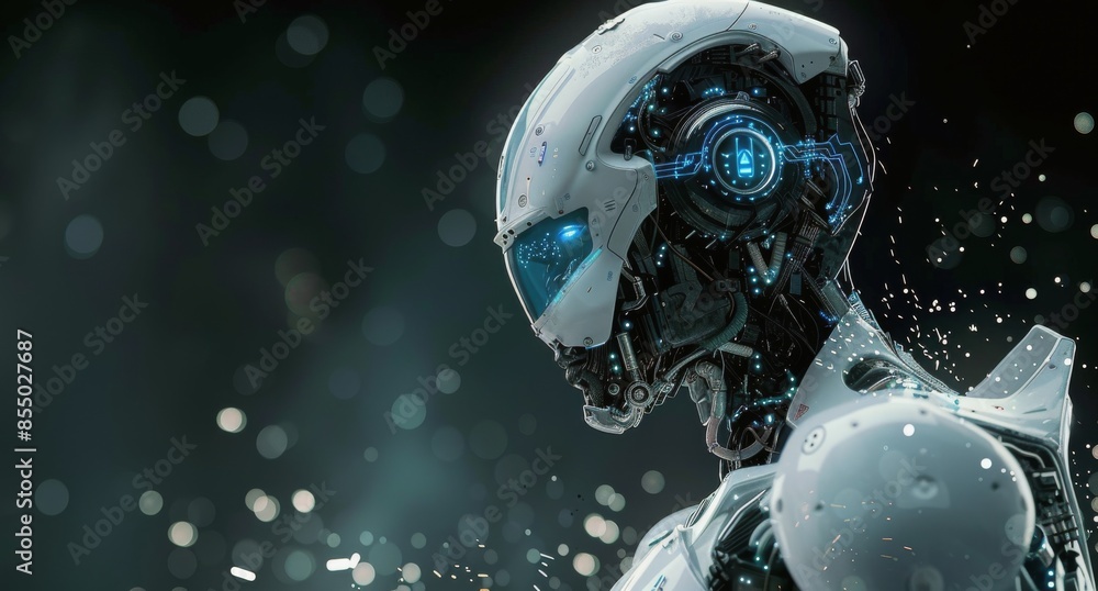 Poster futuristic android robot with glowing lights in dark background