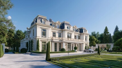 a classic luxury mansion exterior, showcasing its white stone facade and meticulously designed large garden from the front view.