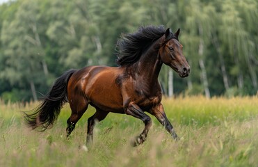 Bay Horse Running Through Green Meadow in Summer