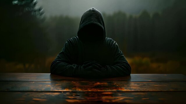 A person wearing a hooded jacket sits at a wooden table in a foggy forest. Their face is obscured by the hood, leaving their identity unknown.