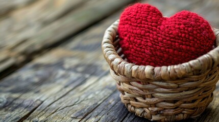 Obraz premium Heart shaped object in basket on wooden surface for Valentine s Day and love theme with empty area for text