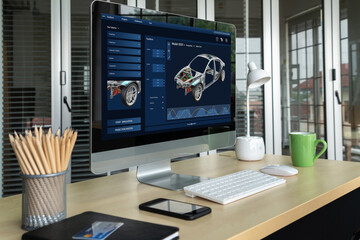 Electric car design software on computer screen showing simulation blueprint snugly by digital...